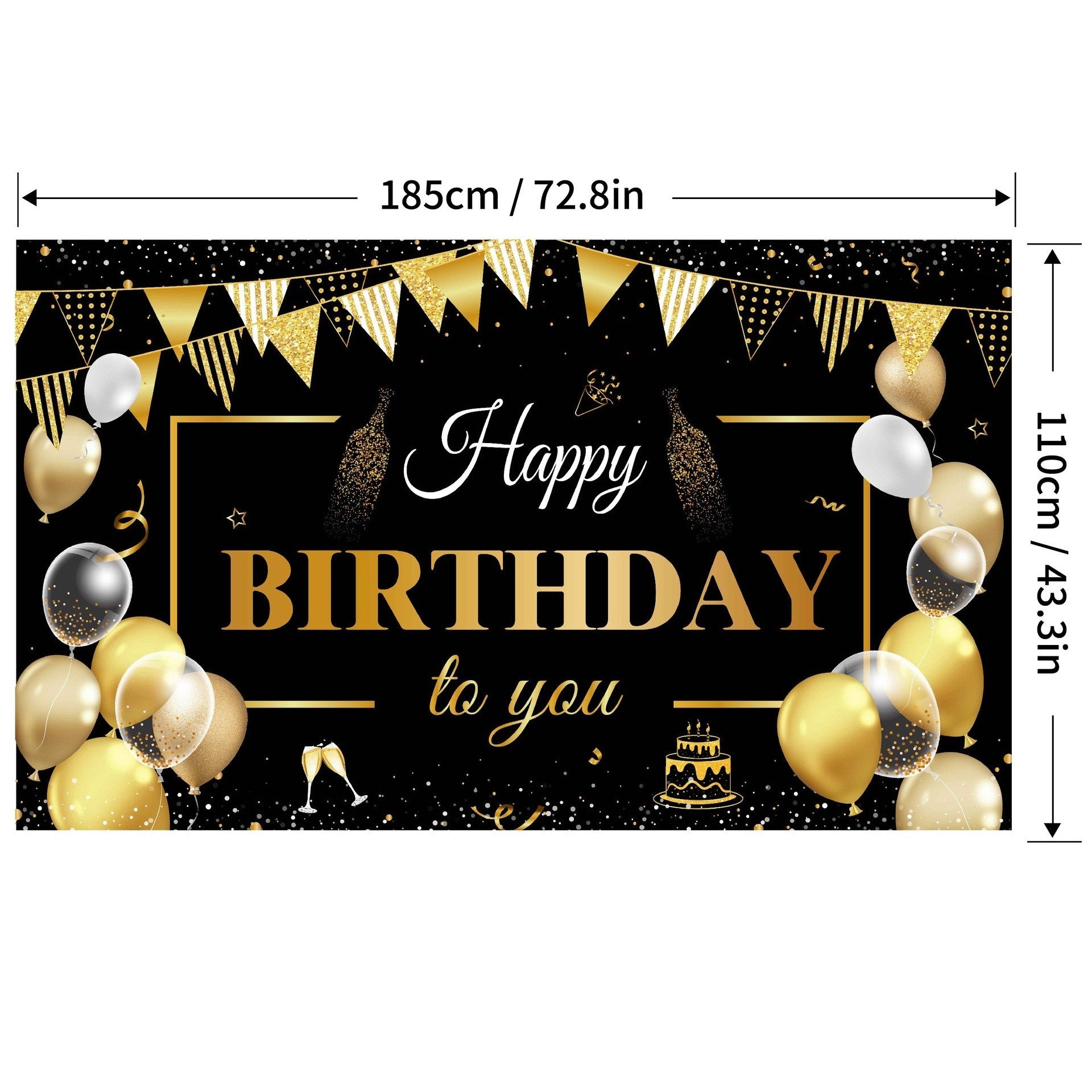 Banner Tip Fundal pentru Poze, din Panza, Model Happy Birthday to You, 185 x 110 cm, Sfoara 6 m, Prindere in 4 Colturi, Negru/Auriu