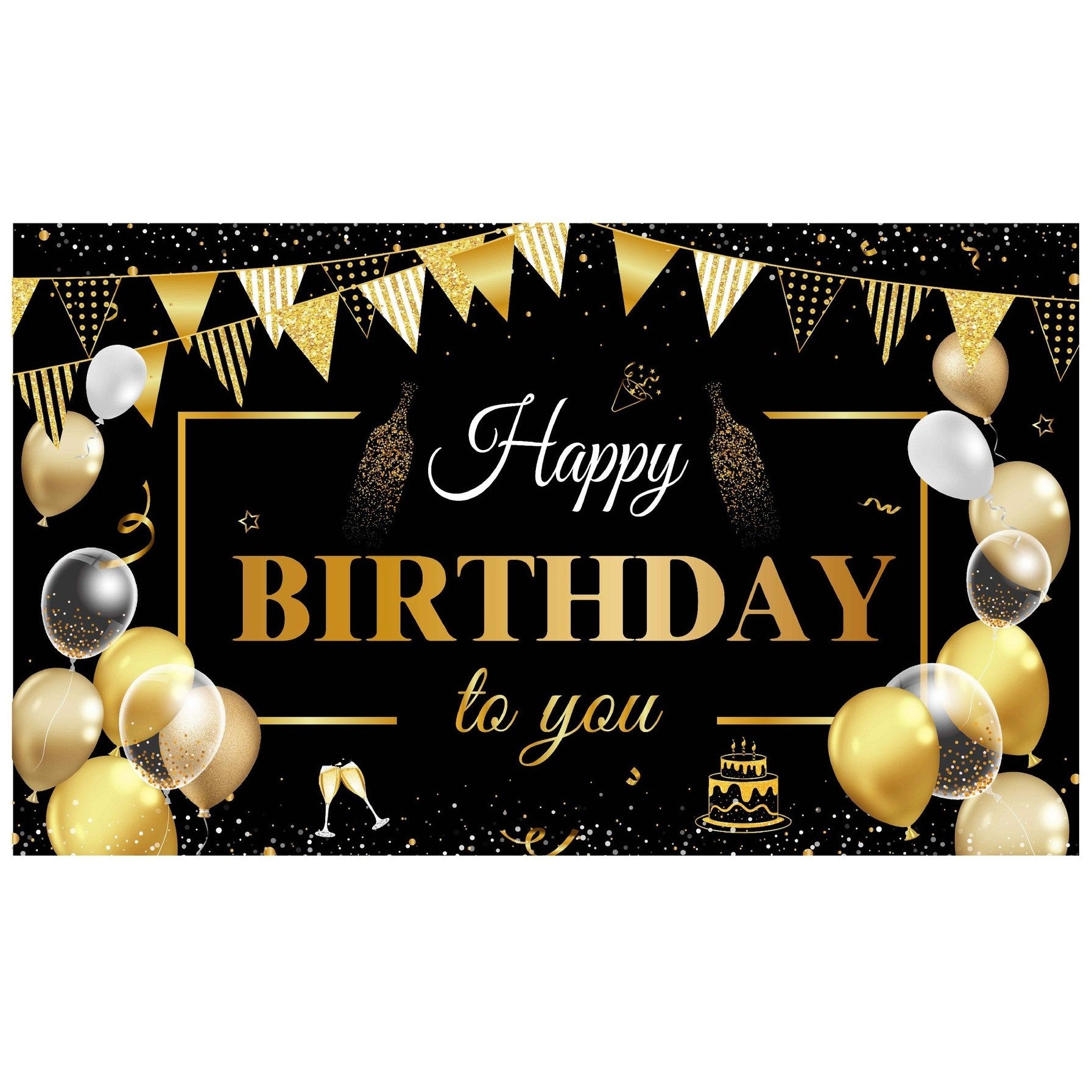Banner Tip Fundal pentru Poze, din Panza, Model Happy Birthday to You, 185 x 110 cm, Sfoara 6 m, Prindere in 4 Colturi, Negru/Auriu