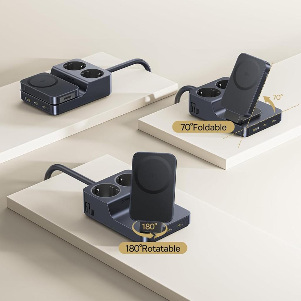 INCARCATOR RETEA Baseus Nomos Powerstrip, QC 67W, 2 x AC, 2xUSB Type-C, 1 x USB, 1 x incarcare wireless magnetica 15W, lungime cablu 1.5m, negru "E00078801123-00" -6932172689704