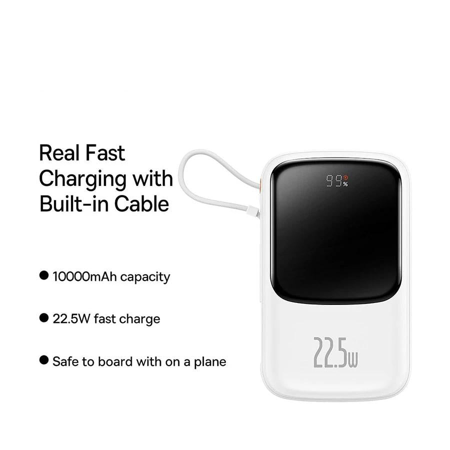 POWER BANK Baseus Qpow Pro Digital Display, 10000mAh, 22.5W, 1 x cablu integrat USB Type-C output/input, 1 x USB, 1 x Lightning, alb "PPQD060102" - 6932172620592