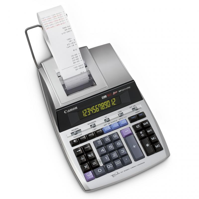 Calculator de birou Canon, MP-1211LTSC, ecran 12 digiti, alimentare baterie, display LCD, functie business, tax si conversie moneda, alb, 