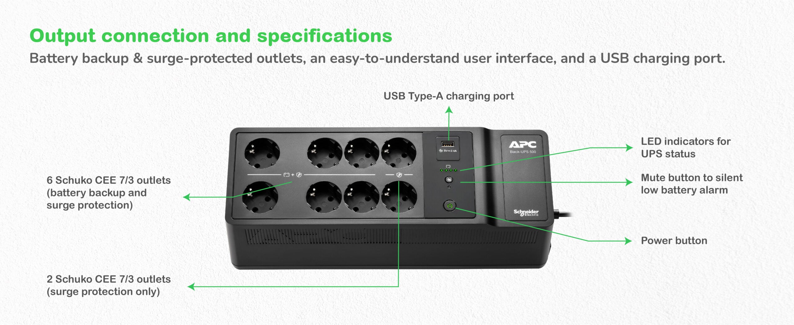 APC Back-UPS 500VA 8 schuko outlets 230V 1 USB charging port "BE500G2-GR"