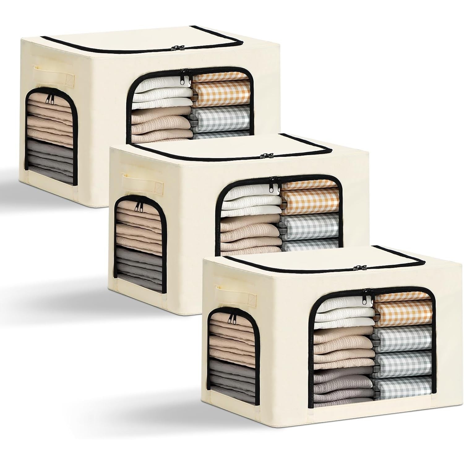 Cutie de Depozitare, cu 3 Ferestre cu Fermoar Bidirectional, Cadru din Otel, Impermeabil, 38L, 42 x 30 x 30 cm, Bej