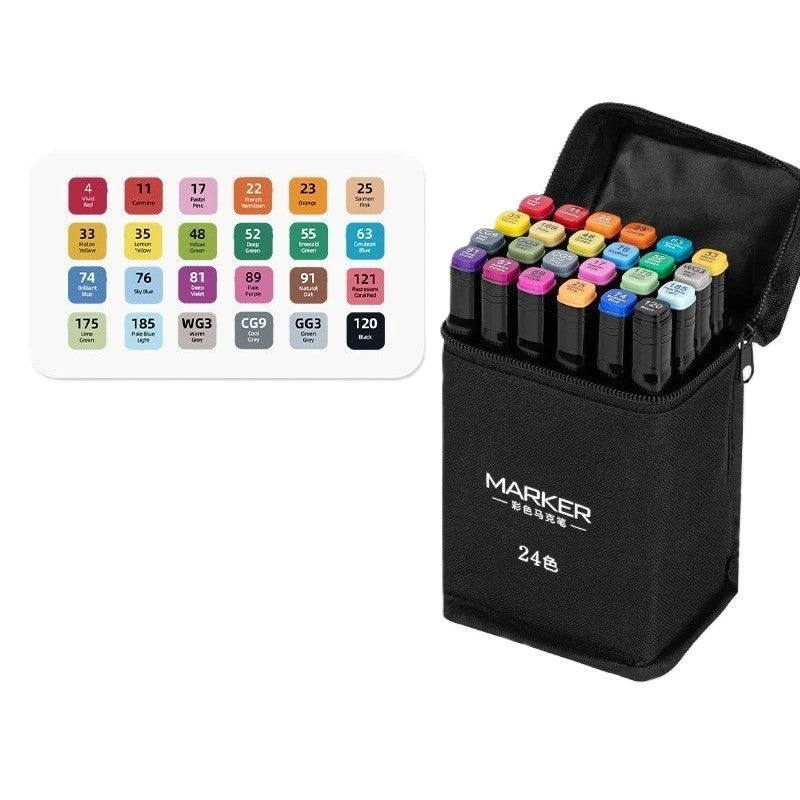 Set 24 Markere, pe Baza de Alcool, Dublu Capat, Subtire 1mm si Gros 6 mm, Geanta Depozitare, 15 cm, Multicolor