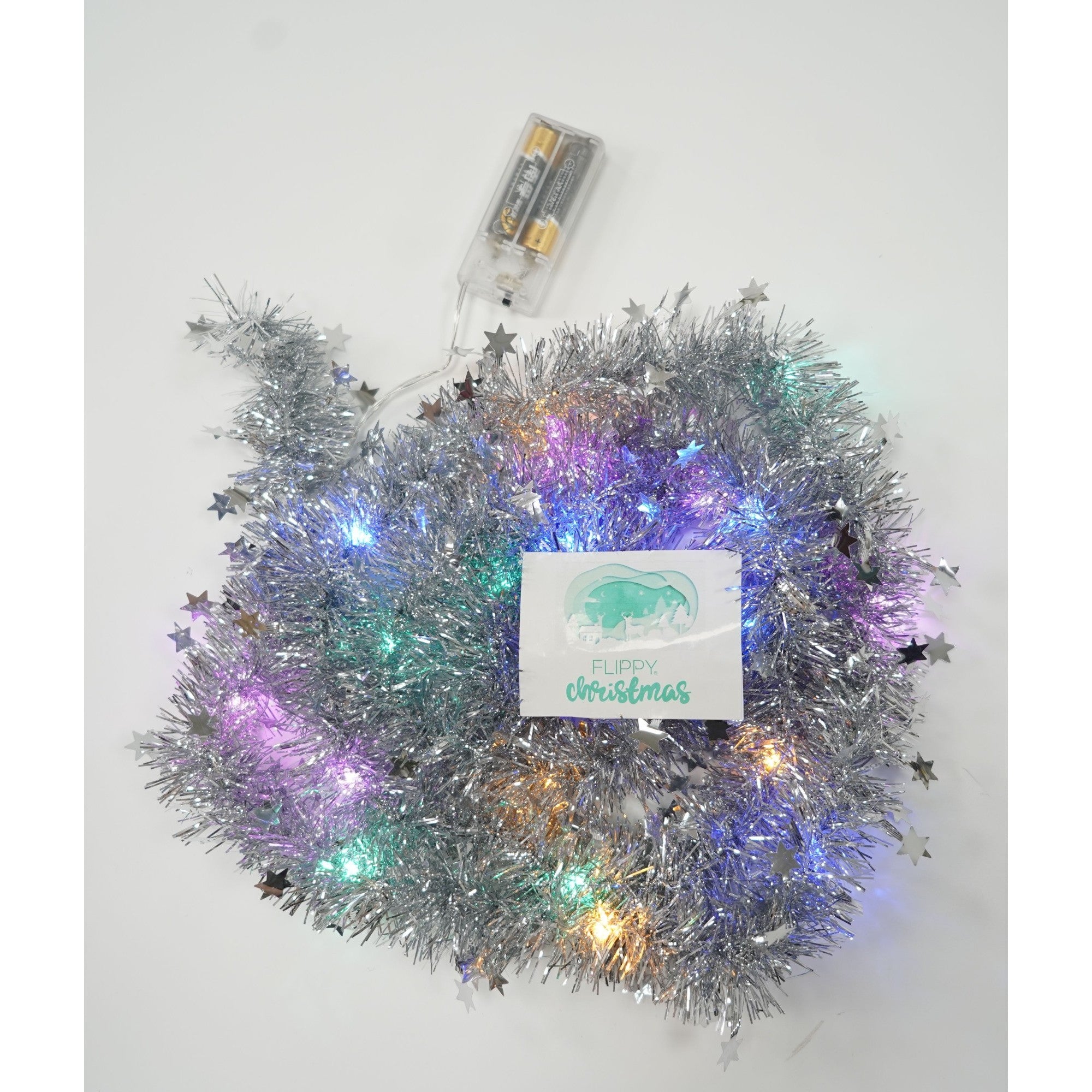 Beteala Craciun cu LED, Argintie, model cu stelute, 2 m x 5 cm, PVC, Sir, Artificiala