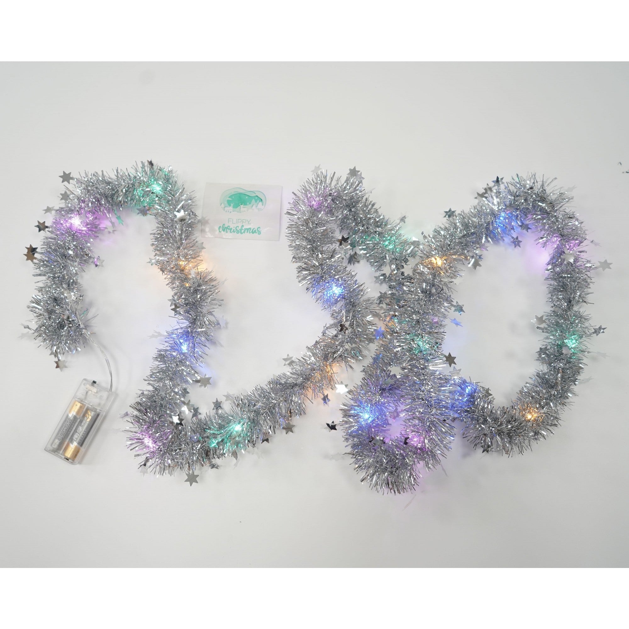 Beteala Craciun cu LED, Argintie, model cu stelute, 2 m x 5 cm, PVC, Sir, Artificiala