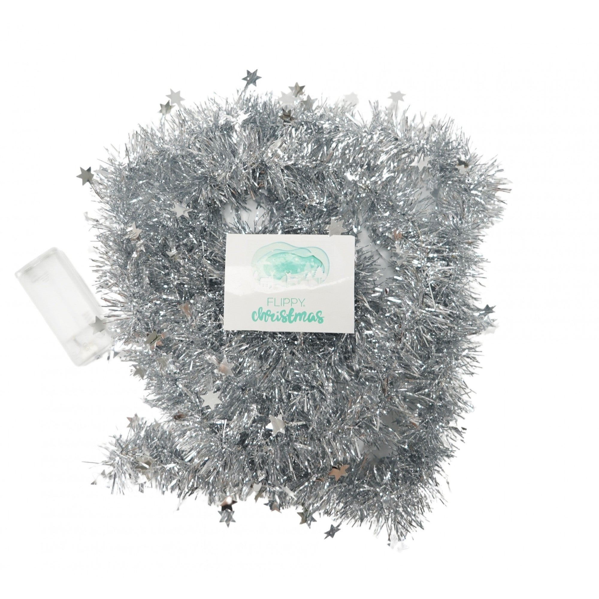 Beteala Craciun cu LED, Argintie, model cu stelute, 2 m x 5 cm, PVC, Sir, Artificiala