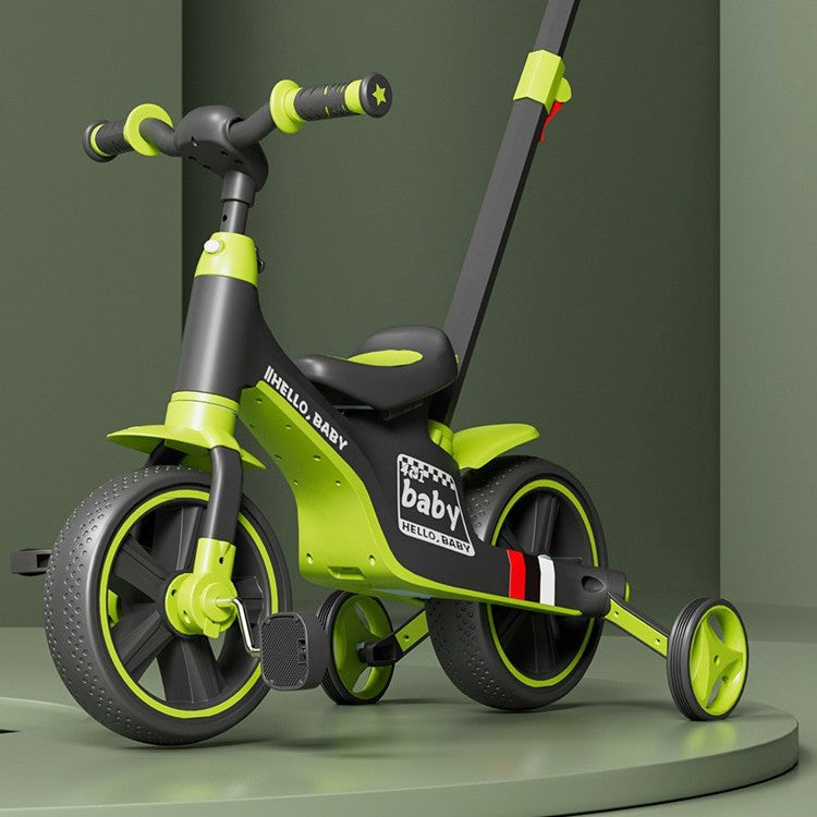 Bicicleta Multifunctionala pentru Copii, 3 in 1 Bicicleta Troller Tricicleta, 2-6 ani, cu Roti Auxiliare, Ghidon si Scaun Reglabil, 93 x 78 x 43 cm, Negru Verde