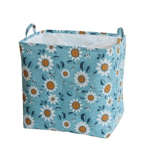 Cos depozitare, Capac cu Snur, 175 L, Confectionat din Bumbac si un Strat Impermeabil, 50 x 50 x 70 cm, Albastru Deschis, Imprimeu Flori