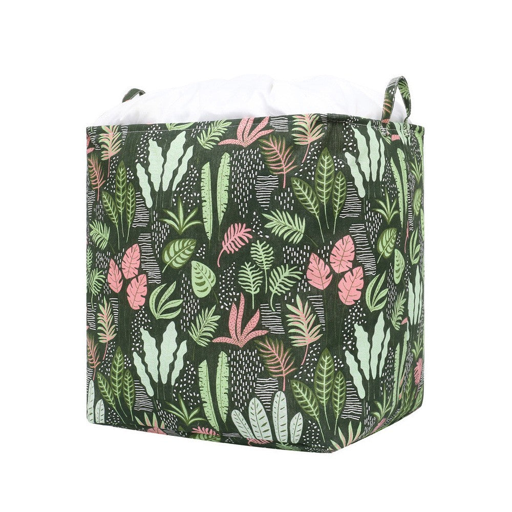 Cutie de Depozitare Pliabila, Impermeabila, cu Snur, Capacitate 100 L, cu Manere, 50x50x40cm, Model Frunze, Verde