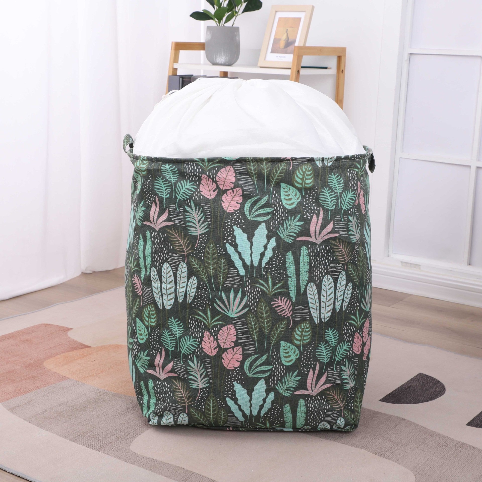 Cutie de Depozitare Pliabila, Impermeabila, cu Snur, Capacitate 100 L, cu Manere, 50x50x40cm, Model Frunze, Verde