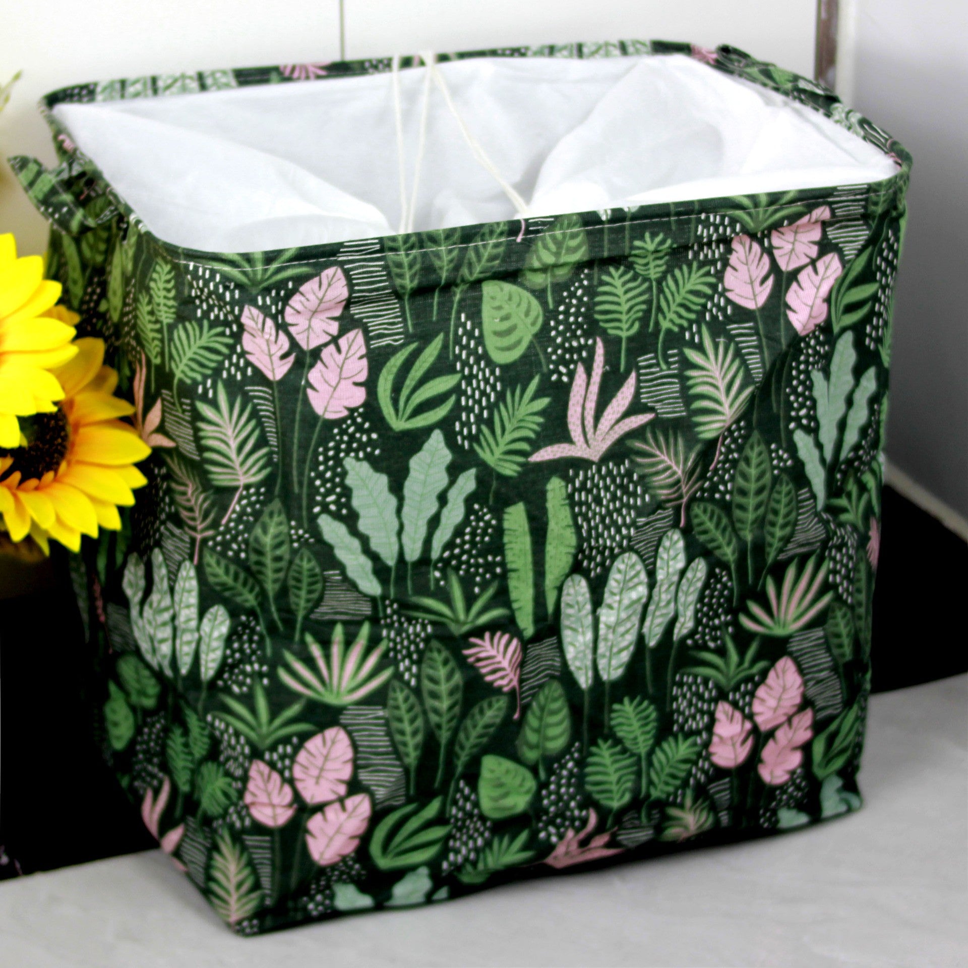 Cutie de Depozitare Pliabila, Impermeabila, cu Snur, Capacitate 100 L, cu Manere, 50x50x40cm, Model Frunze, Verde