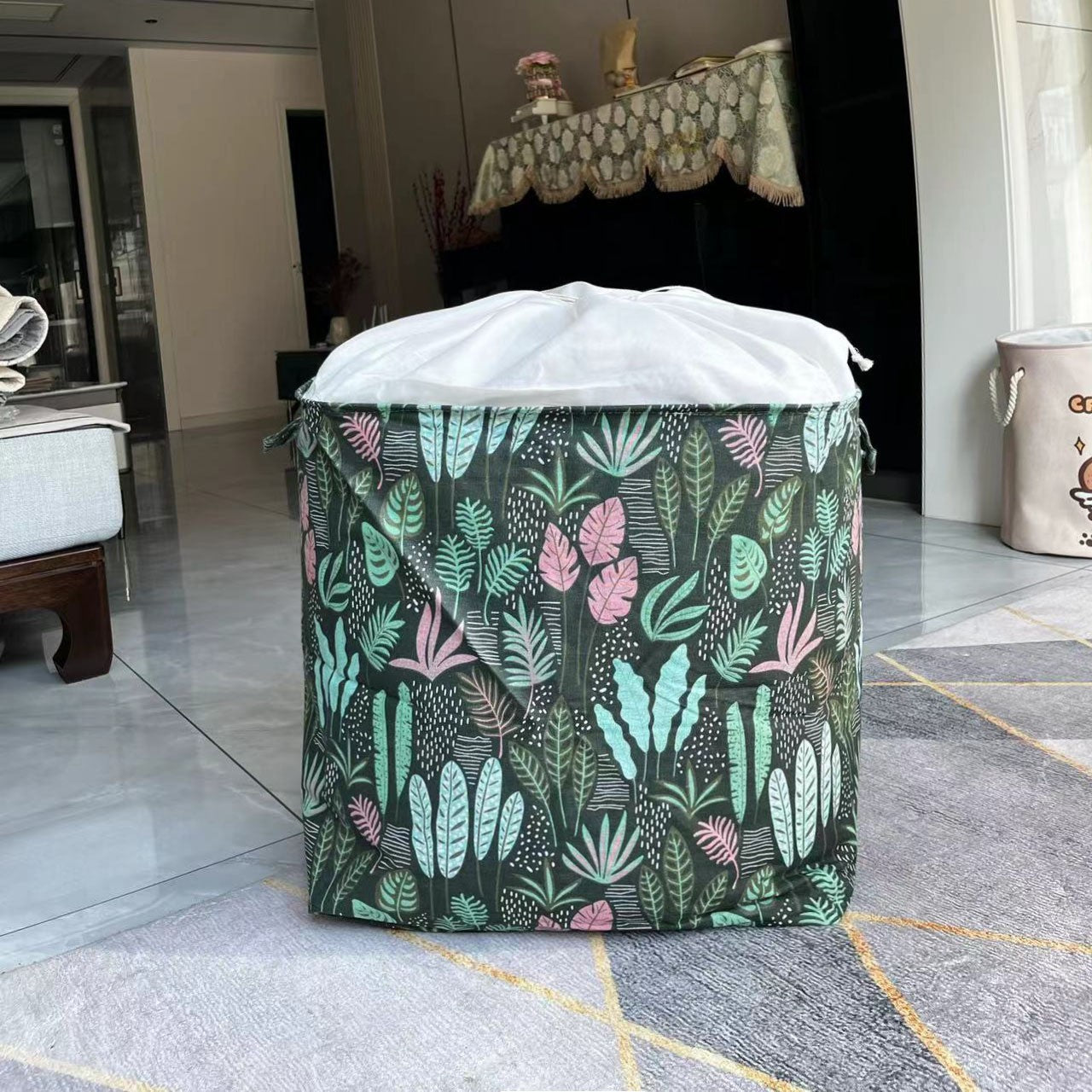 Cutie de Depozitare Pliabila, Impermeabila, cu Snur, Capacitate 100 L, cu Manere, 50x50x40cm, Model Frunze, Verde