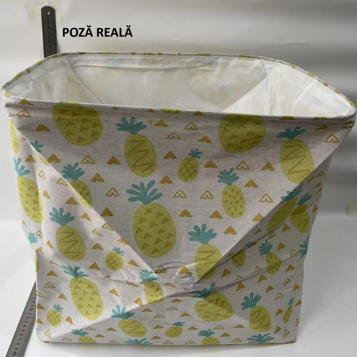 Cutie de Depozitare Pliabila, Impermeabila, cu Snur, Capacitate 100 L, cu Manere, 50x50x40cm, Model Ananas, Galben