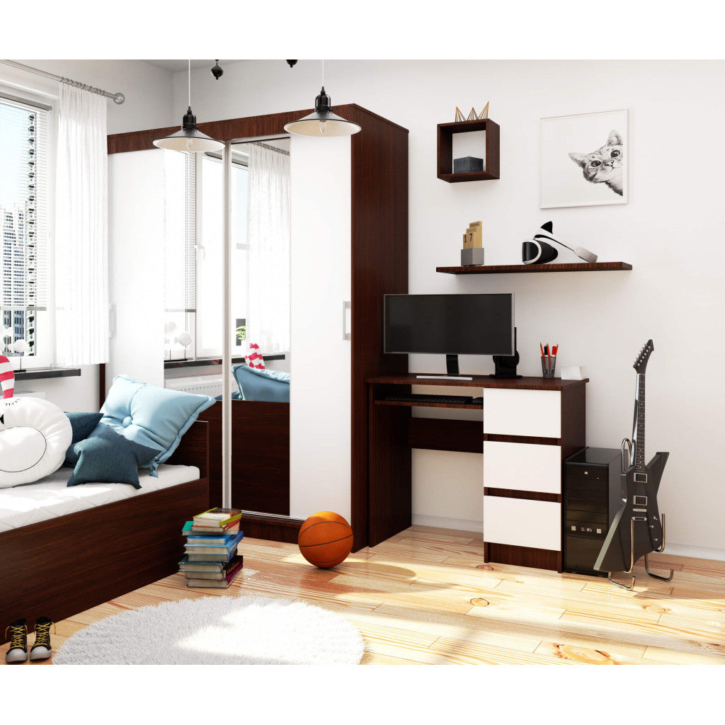 Birou computer cu 3 sertare si raft pentru tastatura, dreapta, 90x50x77 cm, maro wenge si alb