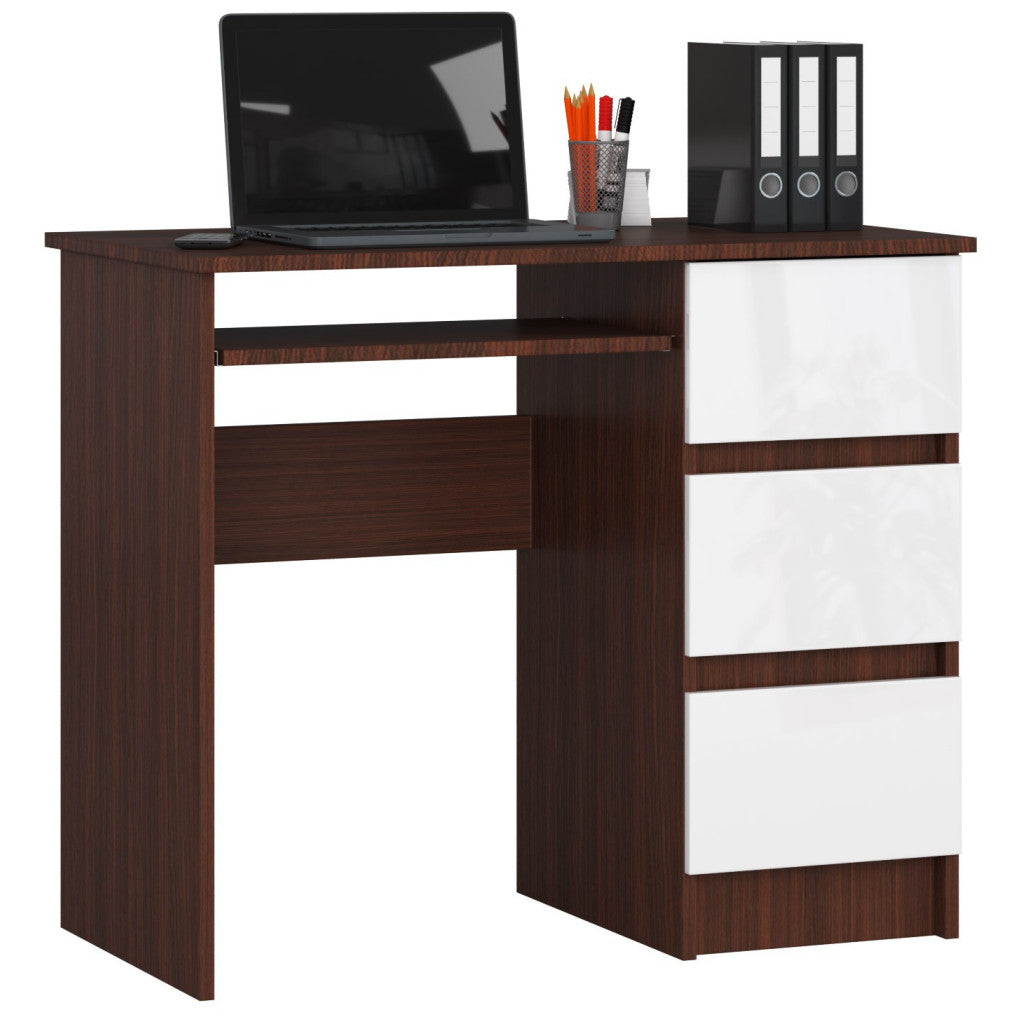 Birou computer cu 3 sertare si raft pentru tastatura, dreapta, 90x50x77 cm, maro wenge si alb