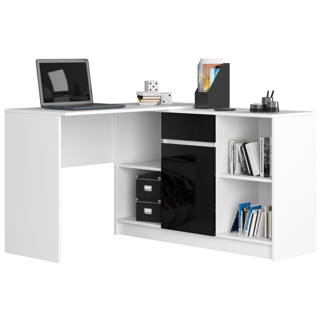 Birou de colt cu sertar, usa si 6 rafturi, fronturi MDF lucios, 120x126x79 cm, alb si negru lucios