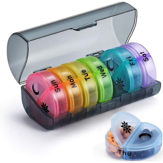 Cutie Depozitare Medicamente, 7 Zile, 14 Compartimente, Cutie Suport, Recipiente Detasabile, Portabila, Recipiente Colorate, Suport Negru, 17.5x11x9.5 cm