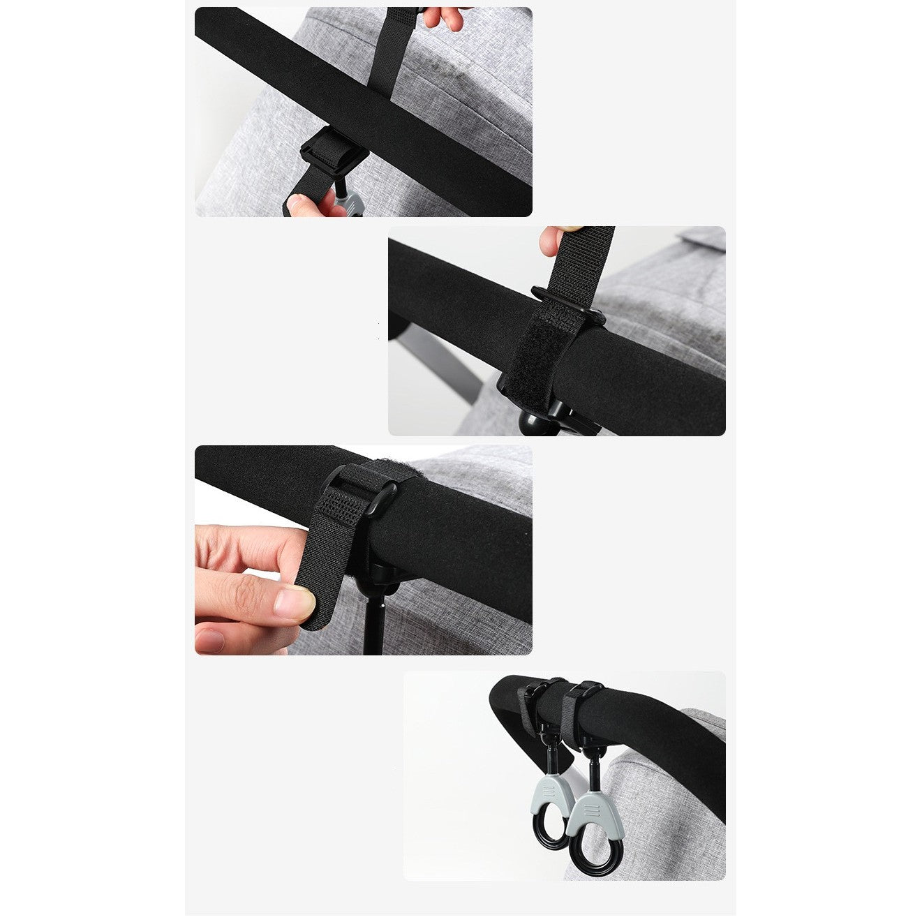 Set 2 Cârlige pentru Cărucior, din Plastic cu Fixare Velcro, Rotire 360°, Pentru Genți și Accesorii, Sarcină Maximă 2 kg, Montare Rapidă și Utilizare Practică, Negru