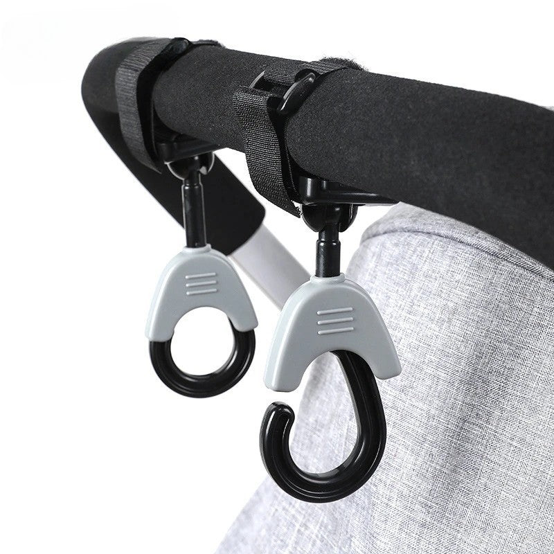 Set 2 Cârlige pentru Cărucior, din Plastic cu Fixare Velcro, Rotire 360°, Pentru Genți și Accesorii, Sarcină Maximă 2 kg, Montare Rapidă și Utilizare Practică, Negru
