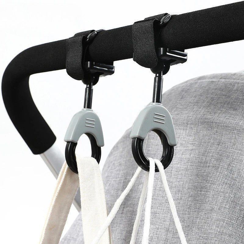 Set 2 Cârlige pentru Cărucior, din Plastic cu Fixare Velcro, Rotire 360°, Pentru Genți și Accesorii, Sarcină Maximă 2 kg, Montare Rapidă și Utilizare Practică, Negru