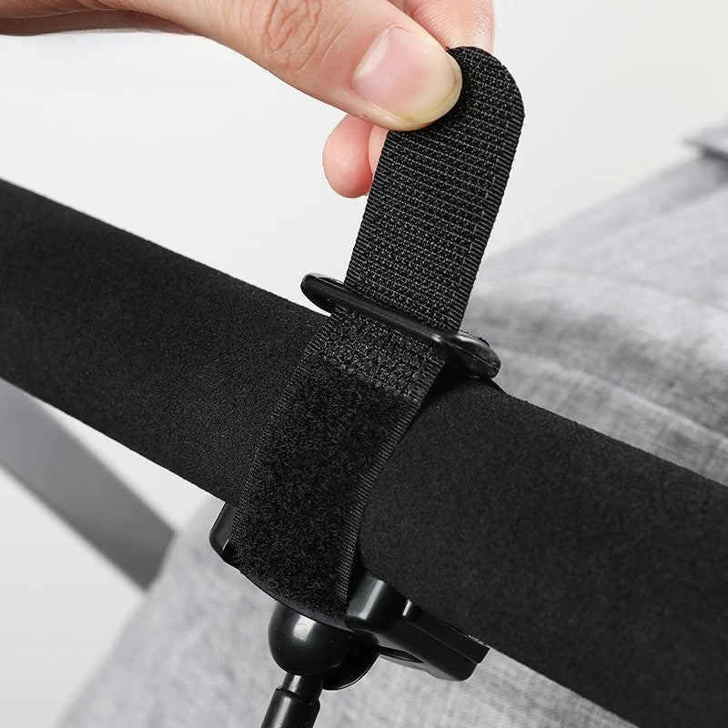 Set 2 Cârlige pentru Cărucior, din Plastic cu Fixare Velcro, Rotire 360°, Pentru Genți și Accesorii, Sarcină Maximă 2 kg, Montare Rapidă și Utilizare Practică, Negru