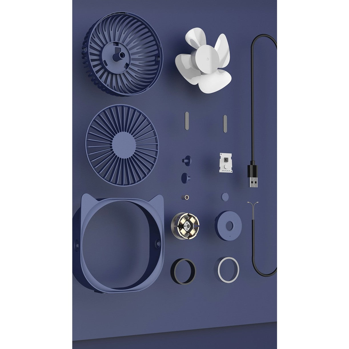 Mini ventilator pentru birou cu usb, rotire 360 grade, 3 viteze, 13.5 x 12,8 cm, Albastru