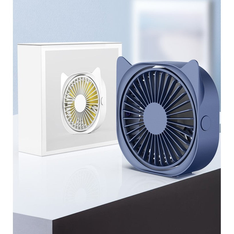 Mini ventilator pentru birou cu usb, rotire 360 grade, 3 viteze, 13.5 x 12,8 cm, Albastru