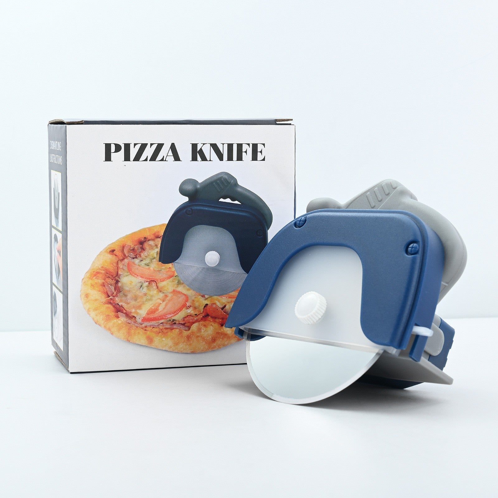 Cutit circular pentru pizza 11.5 x 12.5 cm, otel inoxidabil si plastic, capc protectie lama, albastru