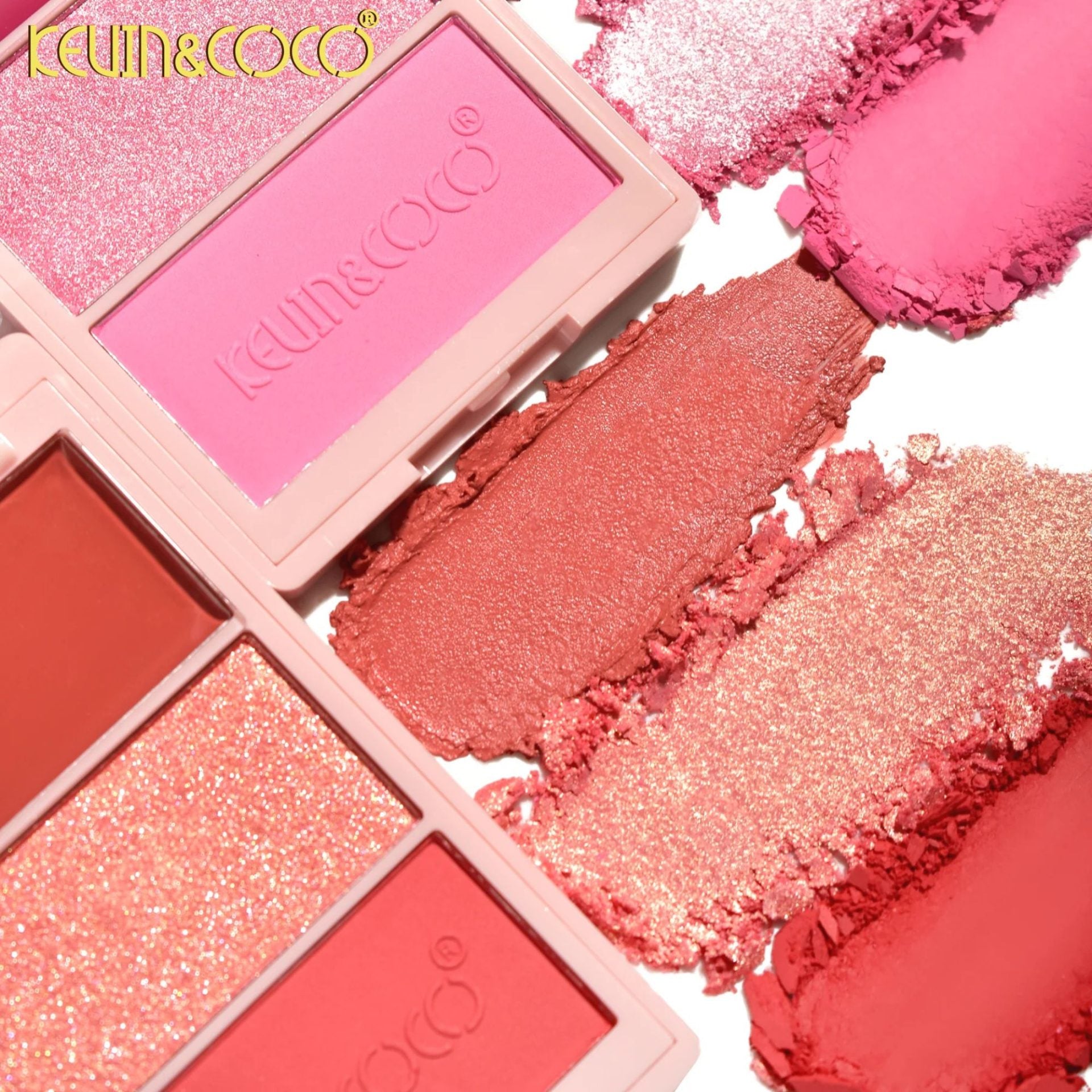 Paleta Fard de Obraz, Kevin&Coco, 3 Nuante, Blush, Iluminator, Textură Fină, Efect Natural, Finish Mat si Sidefat, pentru Toate Tipurile de Ten, Model 3, Dimensiune 6.7 x 1.5 x 11 cm, Cantitate 71.7g, Roz