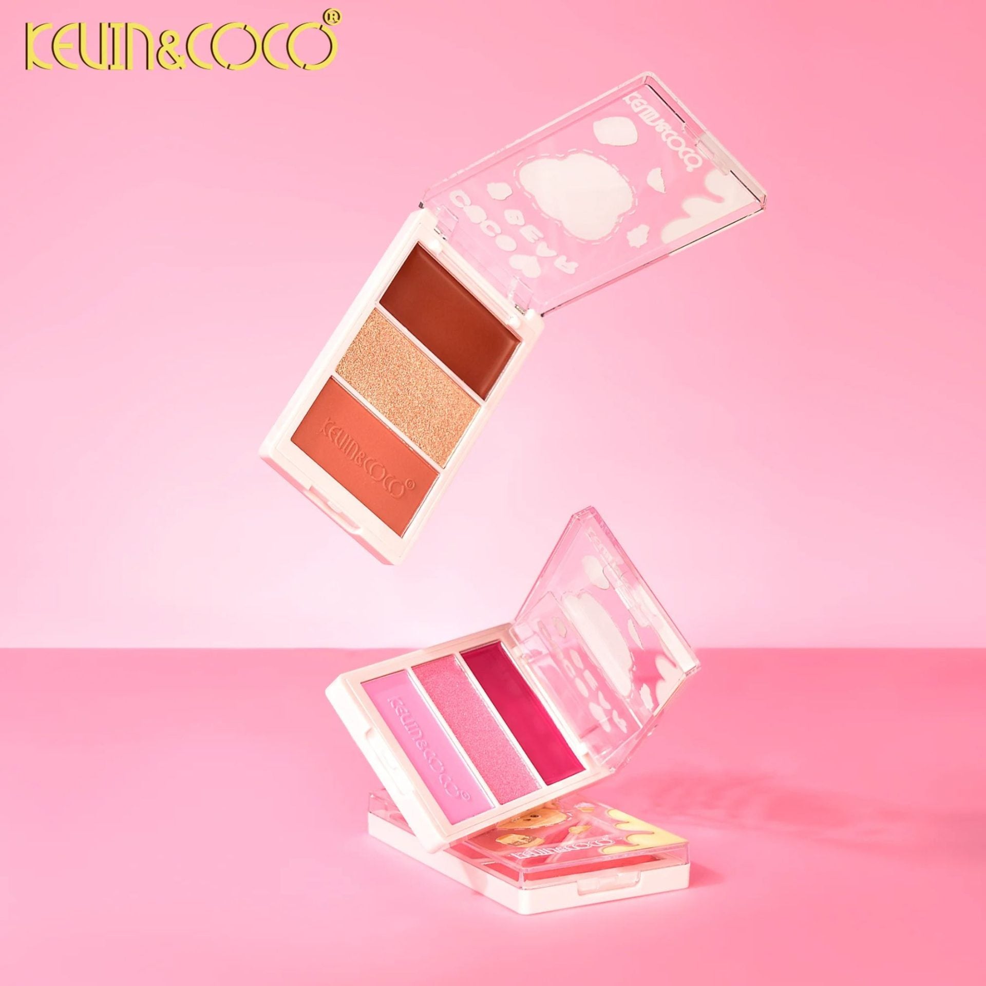 Paleta Fard de Obraz, Kevin&Coco, 3 Nuante, Blush, Iluminator, Textură Fină, Efect Natural, Finish Mat si Sidefat, pentru Toate Tipurile de Ten, Model 3, Dimensiune 6.7 x 1.5 x 11 cm, Cantitate 71.7g, Roz