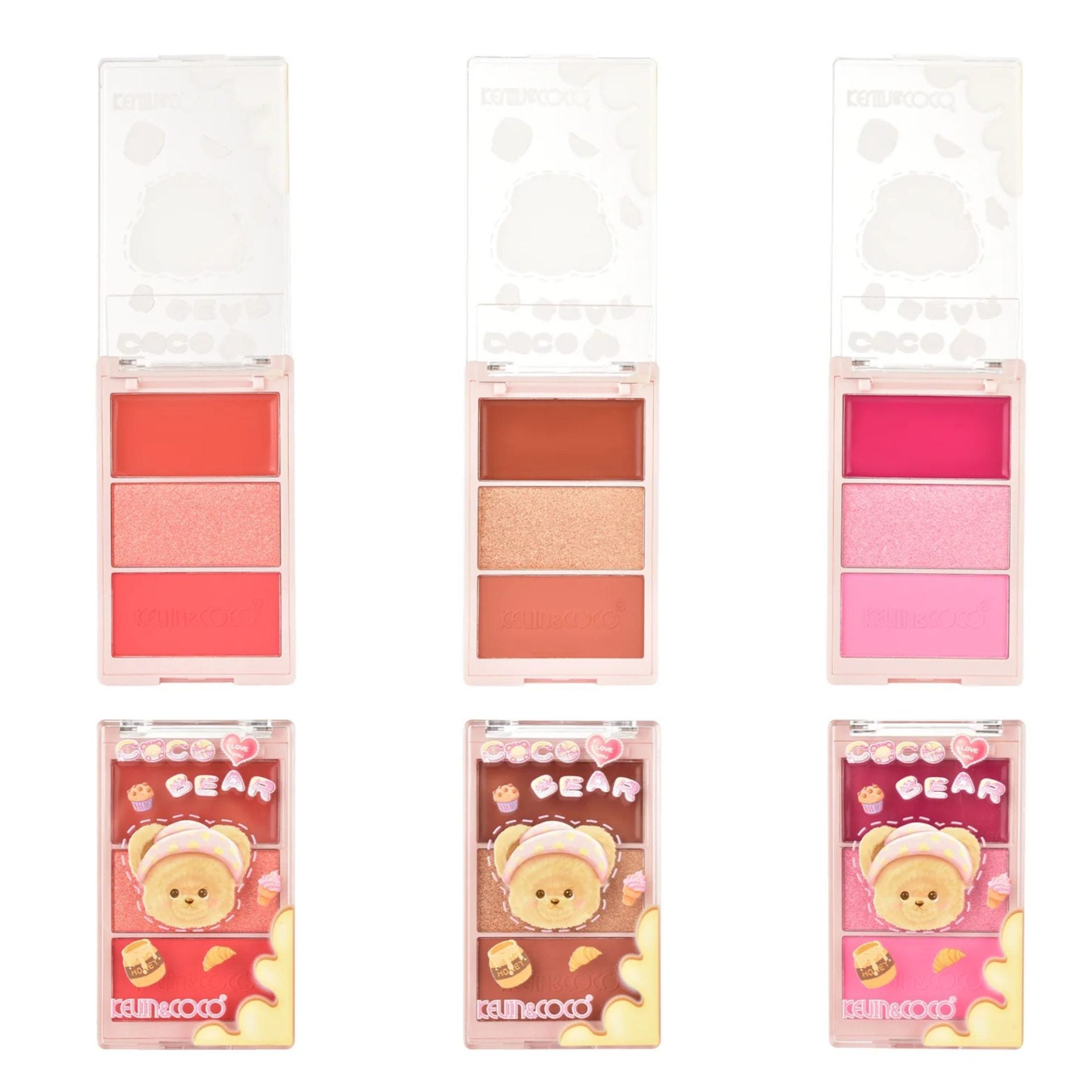 Paleta Fard de Obraz, Kevin&Coco, 3 Nuante, Blush, Iluminator, Textură Fină, Efect Natural, Finish Mat si Sidefat, pentru Toate Tipurile de Ten, Model 3, Dimensiune 6.7 x 1.5 x 11 cm, Cantitate 71.7g, Roz