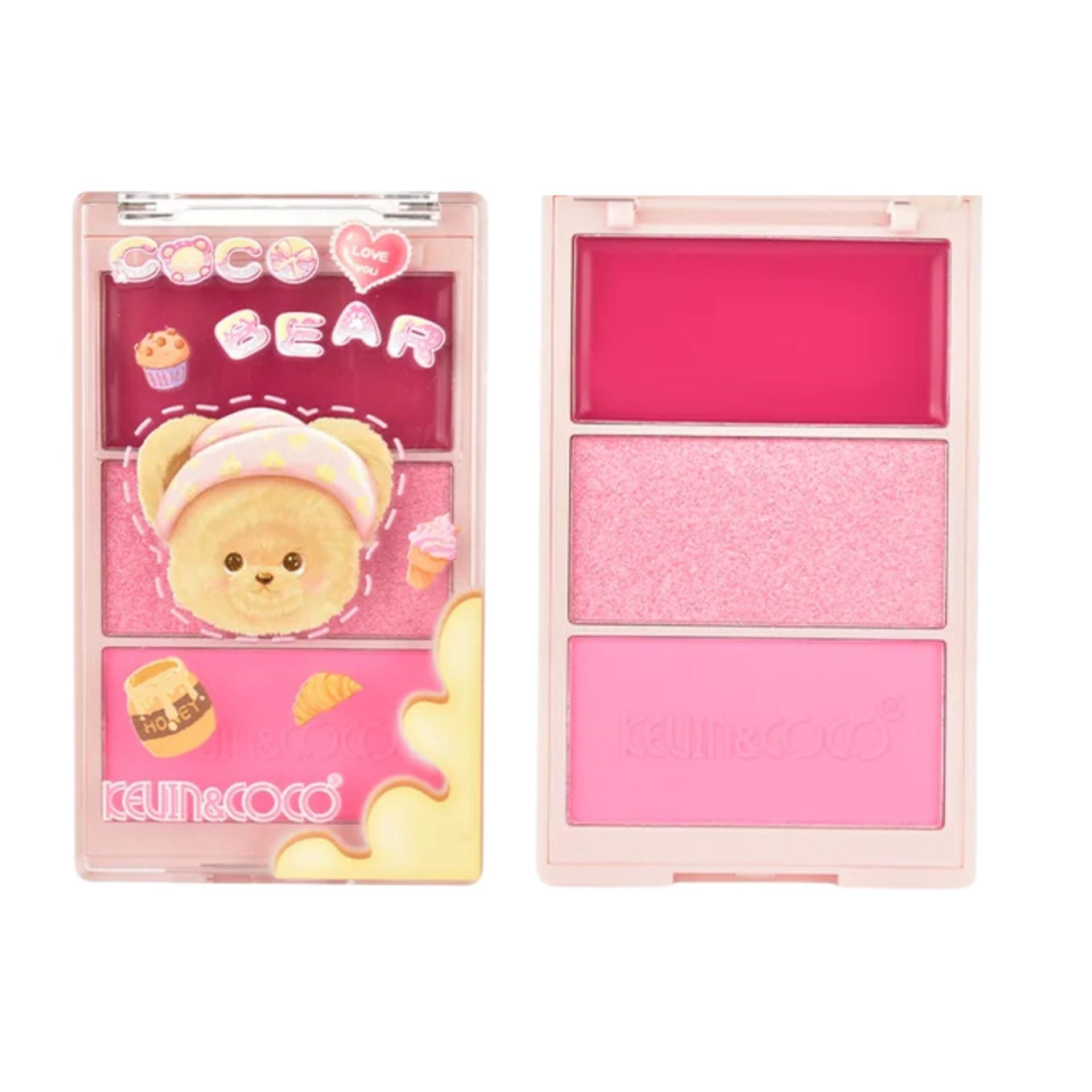 Paleta Fard de Obraz, Kevin&Coco, 3 Nuante, Blush, Iluminator, Textură Fină, Efect Natural, Finish Mat si Sidefat, pentru Toate Tipurile de Ten, Model 3, Dimensiune 6.7 x 1.5 x 11 cm, Cantitate 71.7g, Roz