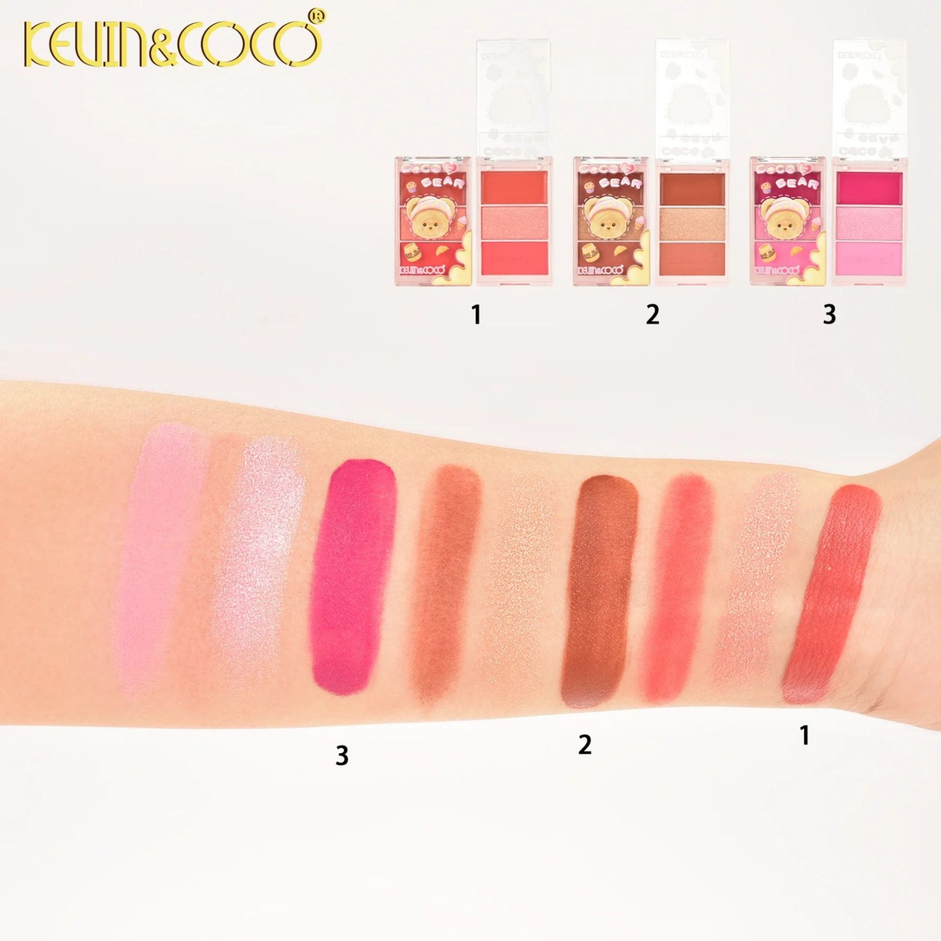 Paleta Fard de Obraz, Kevin&Coco, 3 Nuante, Blush, Iluminator, Textură Fină, Efect Natural, Finish Mat si Sidefat, pentru Toate Tipurile de Ten, Model 3, Dimensiune 6.7 x 1.5 x 11 cm, Cantitate 71.7g, Roz