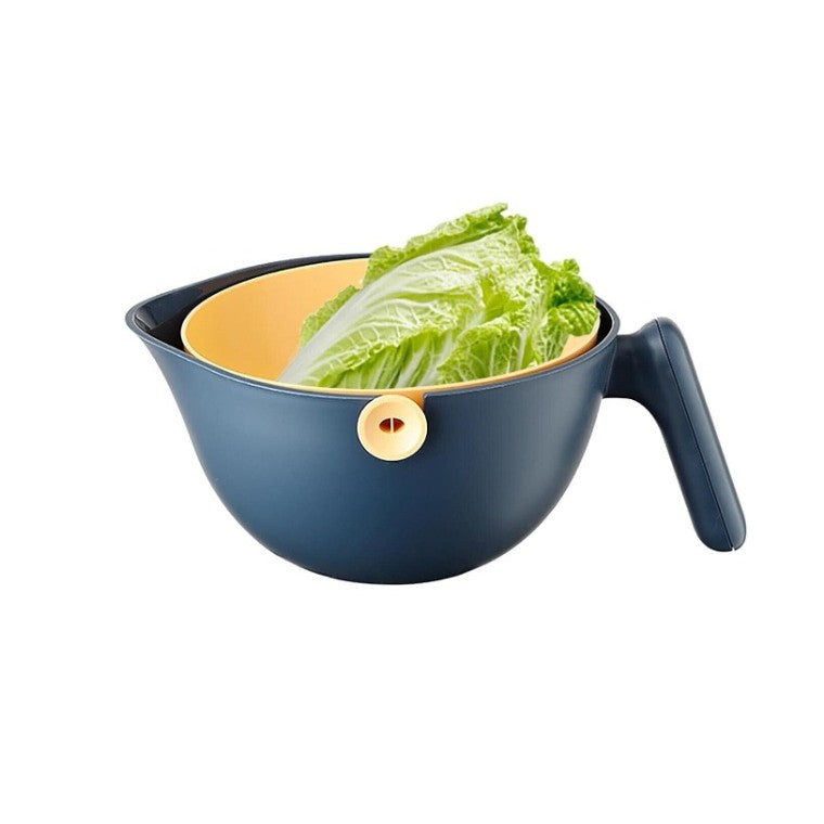 Bol cu Doua Straturi, pentru Fructe, Legume, cu Cos de Scurgere a Apei, 2L, din ABS+PP, 29.9 x 22.5 x 11.8 cm, Albastru-Portocaliu