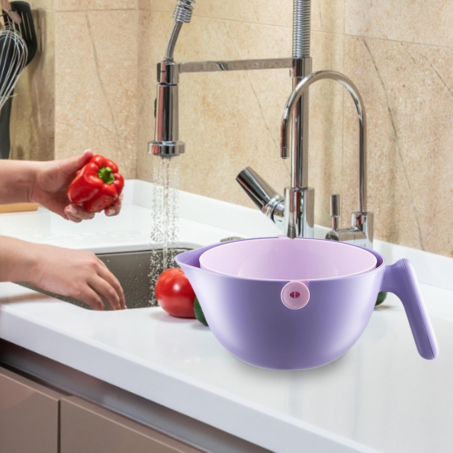 Bol cu Doua Straturi, pentru Fructe, Legume, cu Cos de Scurgere a Apei, 2L, din ABS+PP, 29.9 x 22.5 x 11.8 cm, Mov