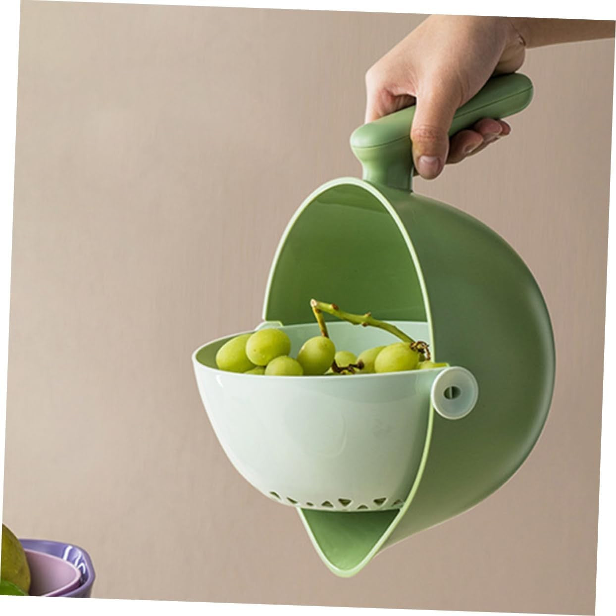 Bol cu Doua Straturi, pentru Fructe, Legume, cu Cos de Scurgere a Apei, 2L, din ABS+PP, 29.9 x 22.5 x 11.8 cm, Verde-Alb