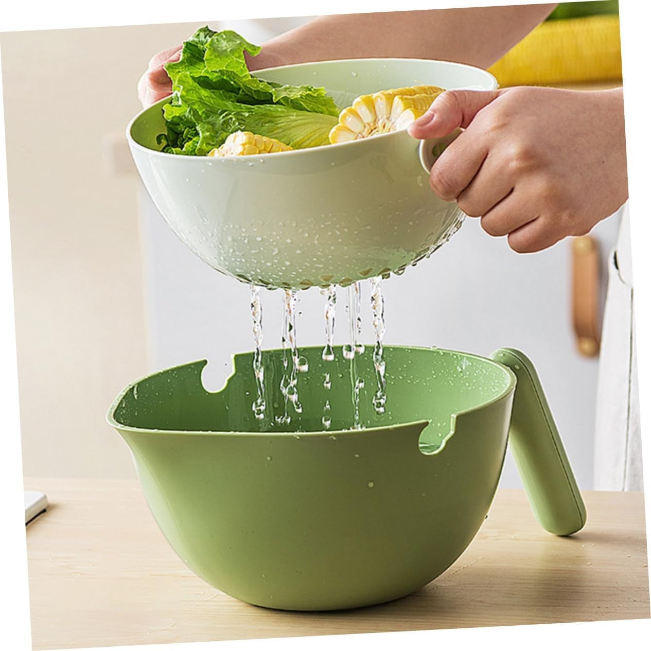 Bol cu Doua Straturi, pentru Fructe, Legume, cu Cos de Scurgere a Apei, 2L, din ABS+PP, 29.9 x 22.5 x 11.8 cm, Verde-Alb