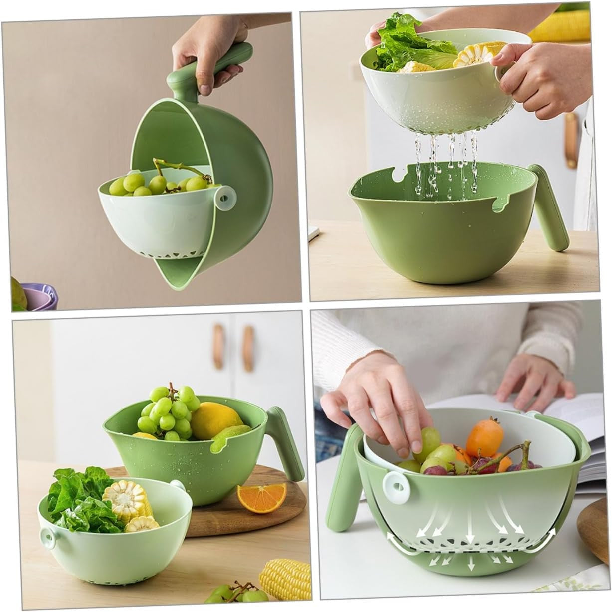 Bol cu Doua Straturi, pentru Fructe, Legume, cu Cos de Scurgere a Apei, 2L, din ABS+PP, 29.9 x 22.5 x 11.8 cm, Verde-Alb