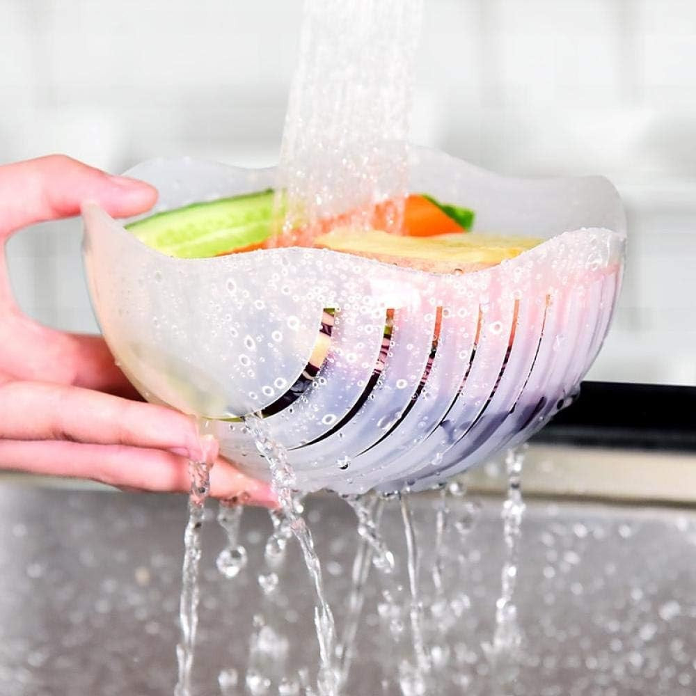 Bol Feliator pentru Salata, Castron Multifunctional pentru Legume si Fructe, pentru Spalat si Taiat Legumele, cu Scurgere si Tocator, Ergonomic, Protectie pentru Maini, 21x18.5x11.5 cm, Roz
