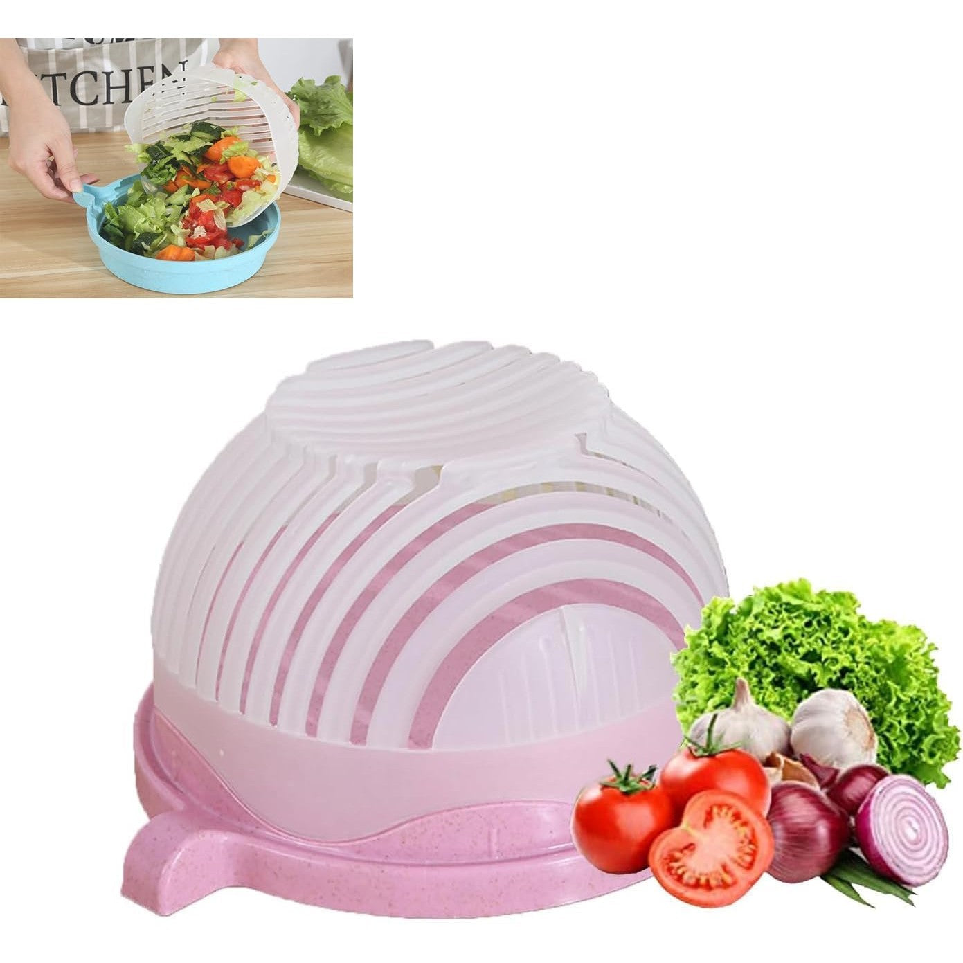 Bol Feliator pentru Salata, Castron Multifunctional pentru Legume si Fructe, pentru Spalat si Taiat Legumele, cu Scurgere si Tocator, Ergonomic, Protectie pentru Maini, 21x18.5x11.5 cm, Roz