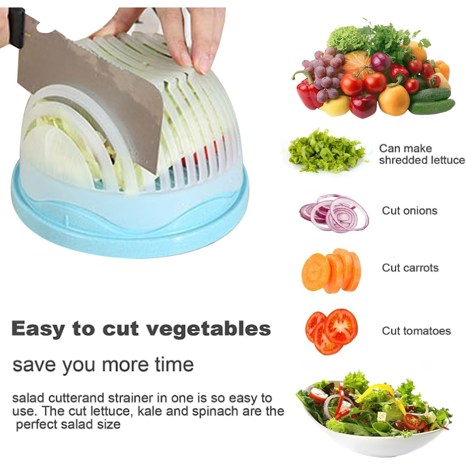 Bol Feliator pentru Salata, Castron Multifunctional pentru Legume si Fructe, pentru Spalat si Taiat Legumele, cu Scurgere si Tocator, Ergonomic, Protectie pentru Maini, 21x18.5x11.5 cm, Albastru