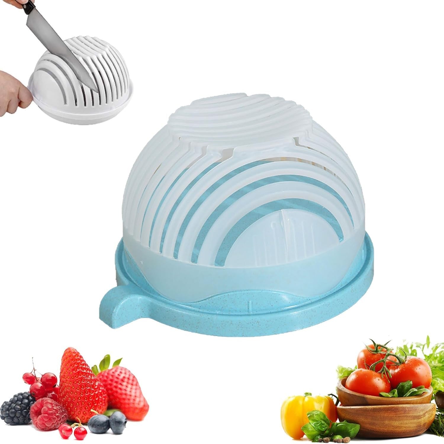 Bol Feliator pentru Salata, Castron Multifunctional pentru Legume si Fructe, pentru Spalat si Taiat Legumele, cu Scurgere si Tocator, Ergonomic, Protectie pentru Maini, 21x18.5x11.5 cm, Albastru