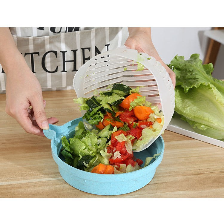 Bol Feliator pentru Salata, Castron Multifunctional pentru Legume si Fructe, pentru Spalat si Taiat Legumele, cu Scurgere si Tocator, Ergonomic, Protectie pentru Maini, 21x18.5x11.5 cm, Albastru