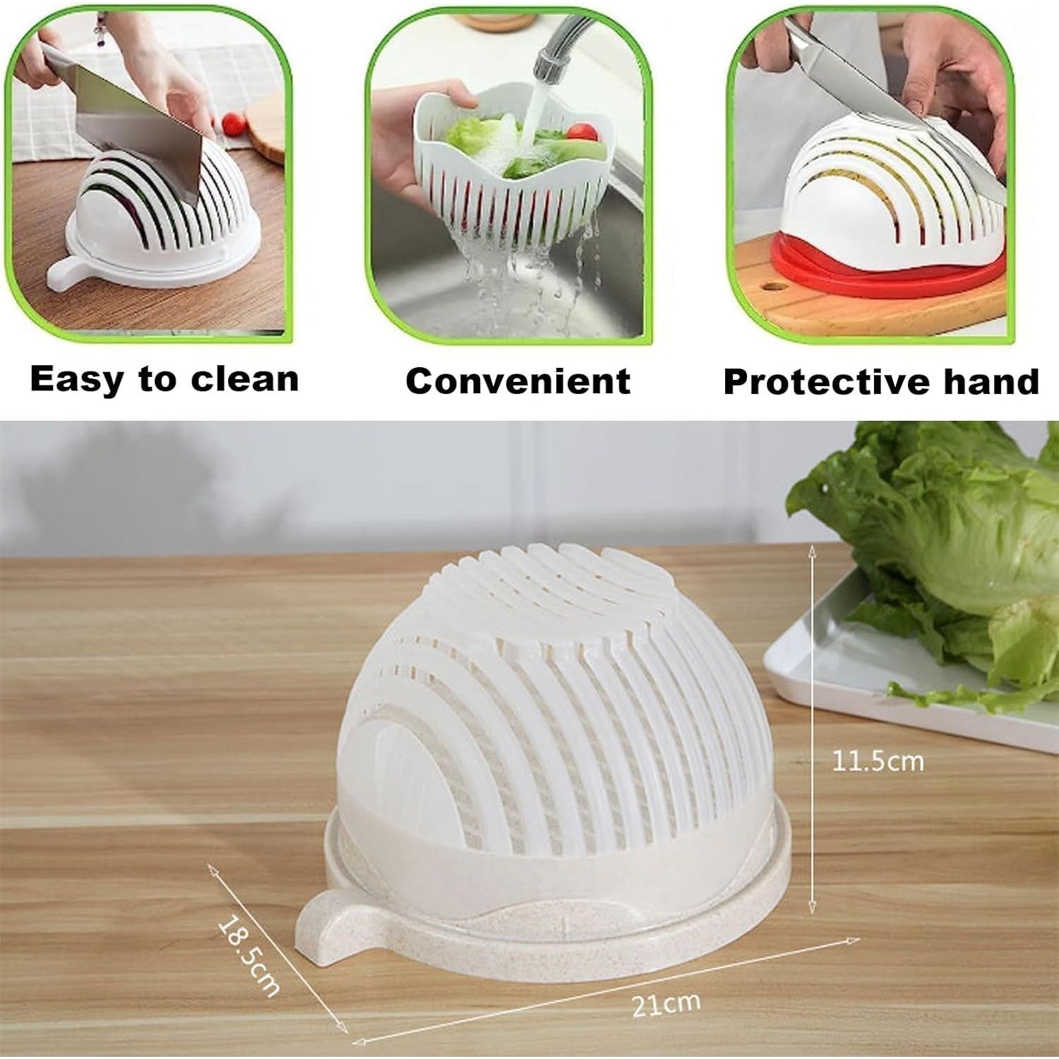 Bol Feliator pentru Salata, Castron Multifunctional pentru Legume si Fructe, pentru Spalat si Taiat Legumele, cu Scurgere si Tocator, Ergonomic, Protectie pentru Maini, 21x18.5x11.5 cm, Alb