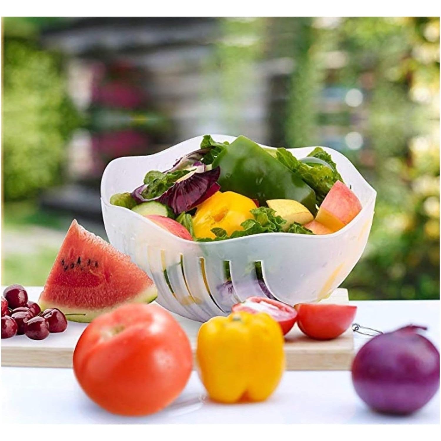 Bol Feliator pentru Salata, Castron Multifunctional pentru Legume si Fructe, pentru Spalat si Taiat Legumele, cu Scurgere si Tocator, Ergonomic, Protectie pentru Maini, 21x18.5x11.5 cm, Albastru