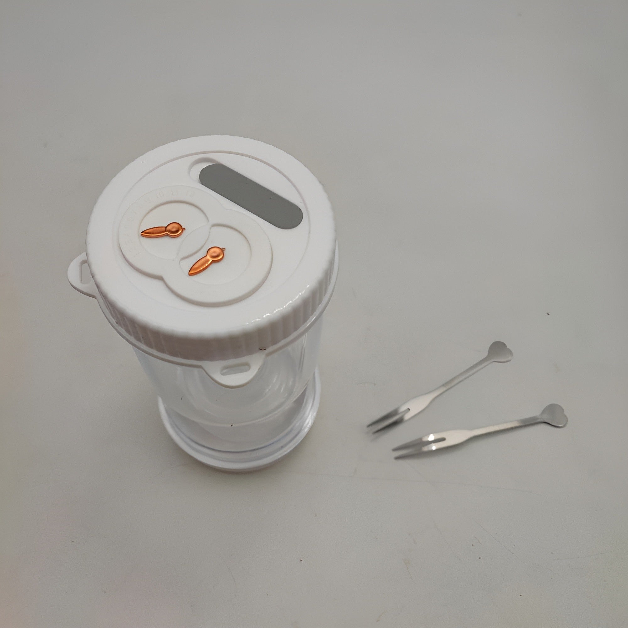 Borcan pentru Muraturi, cu Separator pentru Lichide, Ermetic, Termorezistent, Tip Clepsidra, 2 Furculite Incluse, ABS, Alb, 18x9x9 cm