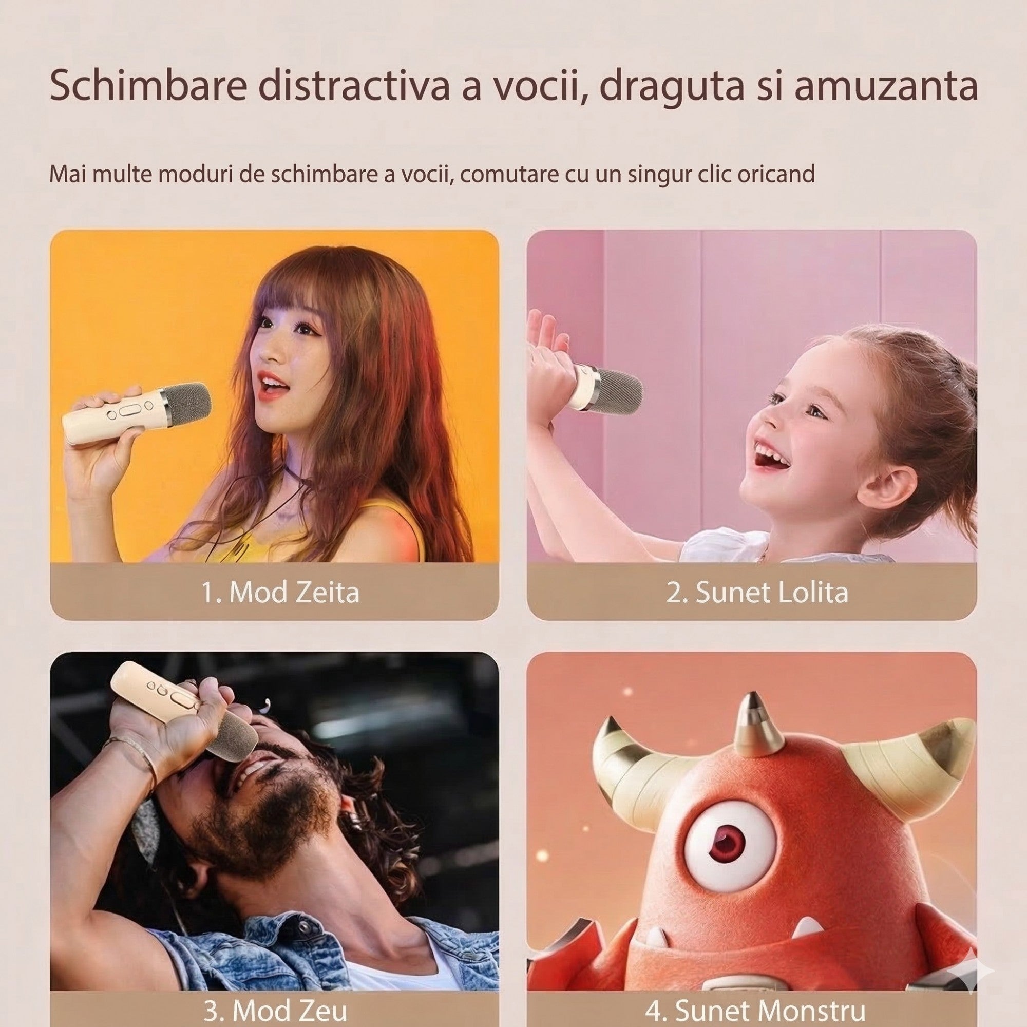 Boxa Portabila Karaoke, Bluetooth 5.3, 5-10W, Set 2 Microfoane Wireless, LED RGB, 4 Efecte Vocale, Type-C, 14 x 11 cm, Roz