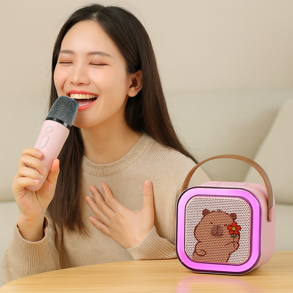 Boxa Portabila Karaoke, Bluetooth 5.3, 5-10W, Set 2 Microfoane Wireless, LED RGB, 4 Efecte Vocale, Type-C, 14 x 11 cm, Roz
