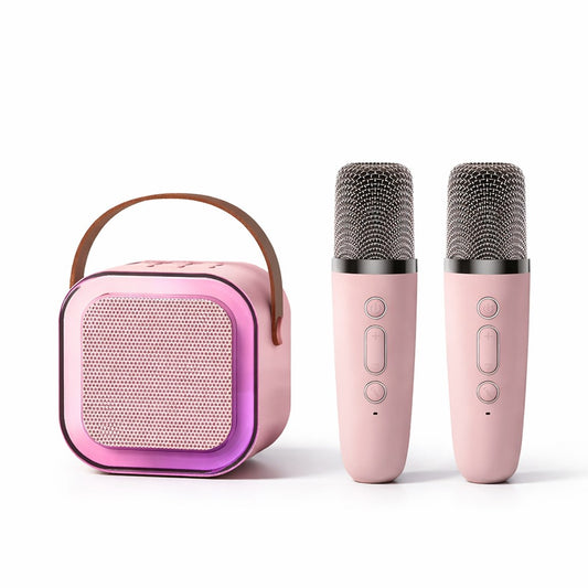 Boxa Portabila Karaoke, Flippy, Bluetooth 5.3, 5-10W, Set 2 Microfoane Wireless, LED RGB, 4 Efecte Vocale, Type-C, 14 x 11 cm, Roz
